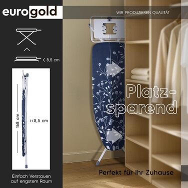 Прасувальна дошка EUROGOLD® XXL 120x42 см з розеткою для парогенератора (Made in Europe) - стабільна, регульована по висоті (BLAU, сірий)