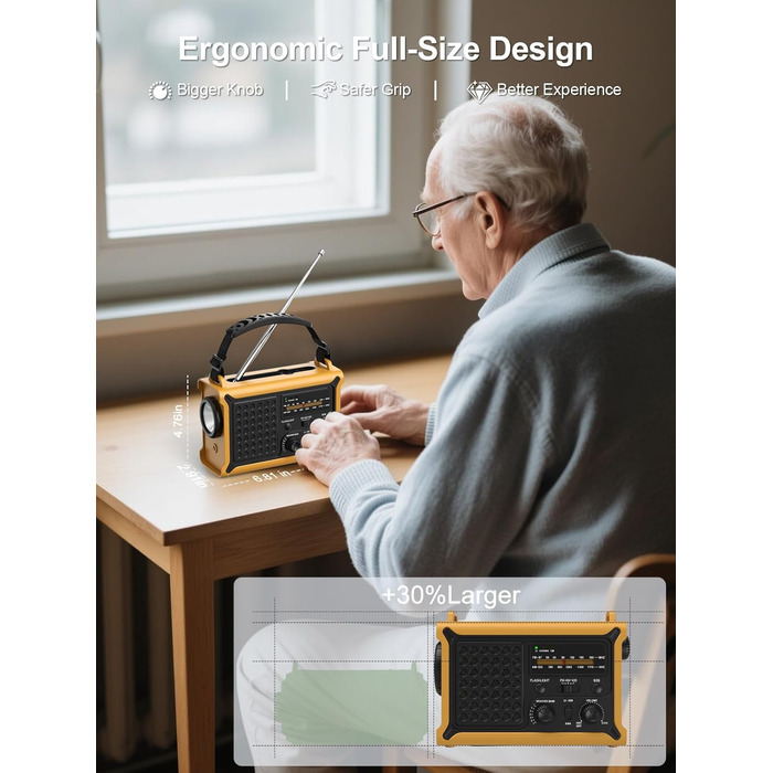 Радіостанція ROCAM на сонячній батареї та з ручним генератором, 12000mAh, AM/FM, LED ліхтарик, USB, SOS, IPX6, для кемпінгу та надзвичайних ситуацій (Жовтий)