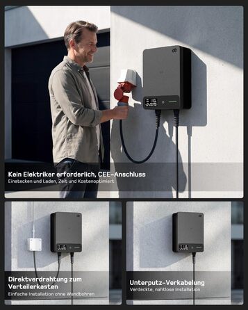 Wallbox 11 кВт з Wi-Fi та кабелем Type 2 7,5м, 3-фазне зарядне для електромобілів (BEV/PHEV), захист RCD Type A 30mA/DC 6mA, IP54, чорний