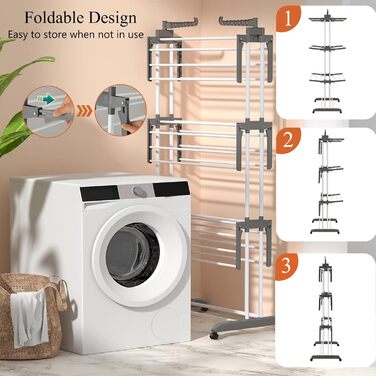 Сушарка для білизни HOMASIS з 4 рівнями, розкладна, на коліщатках та з боковими крилами, 127x63x171 см, сіра