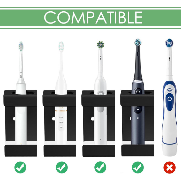 Настінний електричний тримач для зубних щіток на 4 слоти з підставкою для ополіскувача з діатоміту, сумісний з AquaSonic, Kingheroes, Oral-B (Чорний)