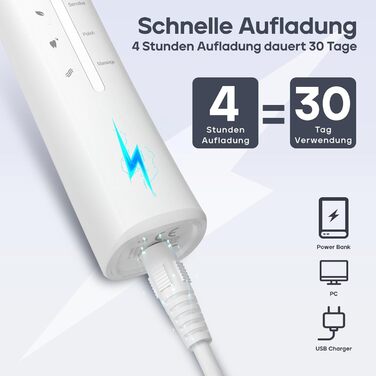 Електрична звукова зубна щітка Seago SG-958 (біла), 40000 вібрацій/хв, 5 режимів, 8 насадок, USB-зарядка