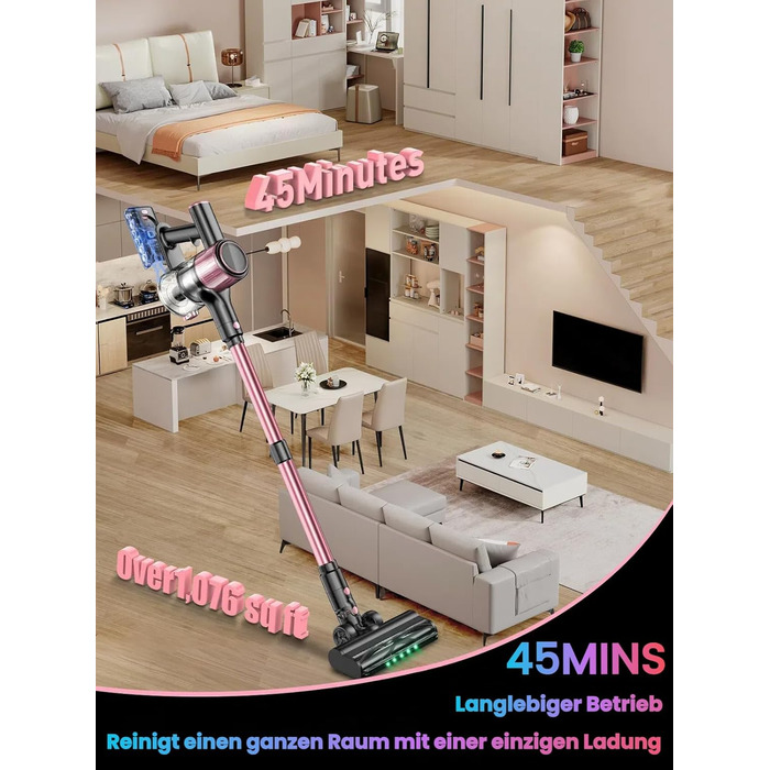 Бездротовий акумуляторний пилосос SUXIANGVAC 45000Pa/500W з LED дисплеєм та антинамотувальною насадкою, 73см подовжуваний шланг для твердих поверхонь, килимів та шерсті тварин, Рожевий