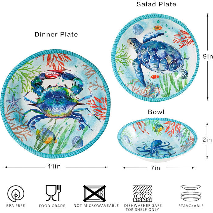 Набір посуду з меламіну, 12 предметів: 4 тарілки та миски, для дому, кемпінгу, BPA-free, безпечний для миття в посудомийній машині (Тропічний океан)