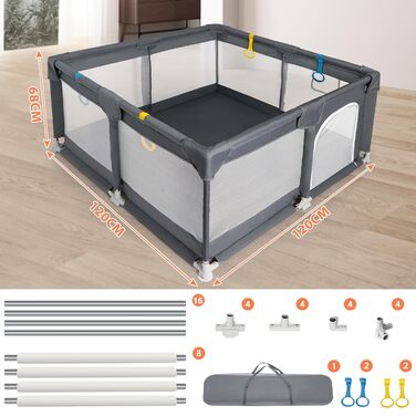 Дитячий манеж IBVIVIC 120x120 см, темно-сірий, з дихаючою сіткою та нековзною основою, огорожа для немовлят і малюків, 300D оксфордська тканина