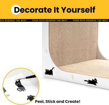 Кігтеточка для котів з коробкою та 4 змінними шарами з картону - великі кігтешні меблі з міцного гофрокартону, двосторонні шари з картону з наклейками DIY - лежанка для котів у квартирі, захист меблів. Велика коробка для котів + 4 кігтешні стовпчики + нак