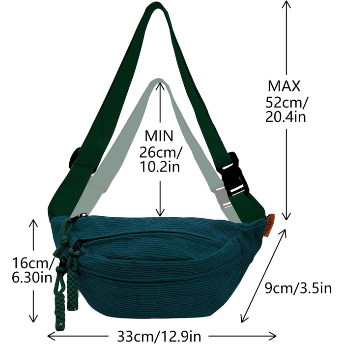 Жіноча поясна сумка Cord з регульованим ремінцем. Модна сумка через плече, поясна сумка, спортивна сумка. Колір: Тінта-зелений. Для жінок та чоловіків.