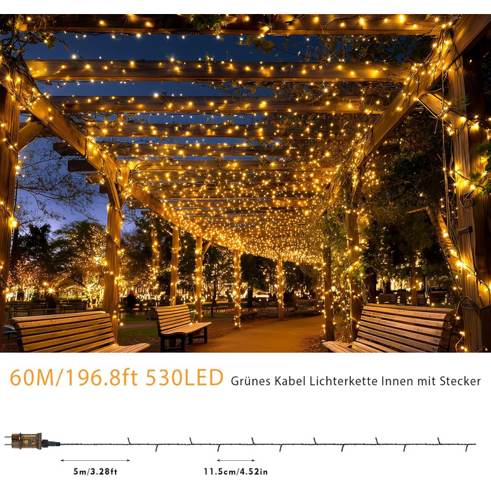 Гірлянда святкова на 60 метрів, 530 LED, теплий білий колір, з пультом дистанційного керування, таймером, вологостійка для прикраси саду, вечірки, шлюбу