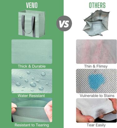 VENO 34 Liter Large Shopping Bag Foldable with Sturdy Bottom and Front Pocket, Reusable Shopping Bags Water-Repellent Tote Bag Shopping Basket for Shopping Picnic (Light Green, 4-Pack)