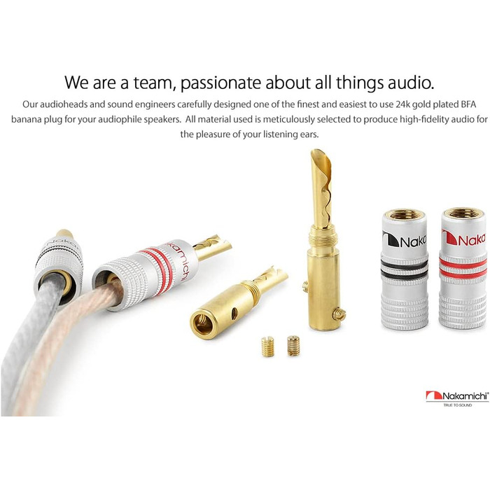 Позолочені бананові роз'єми Nakamichi 24K для акустичних кабелів 12-18 AWG, 4 мм, для підсилювачів, Hi-Fi ресиверів та домашніх кінотеатрів, 4 шт (2 пари)