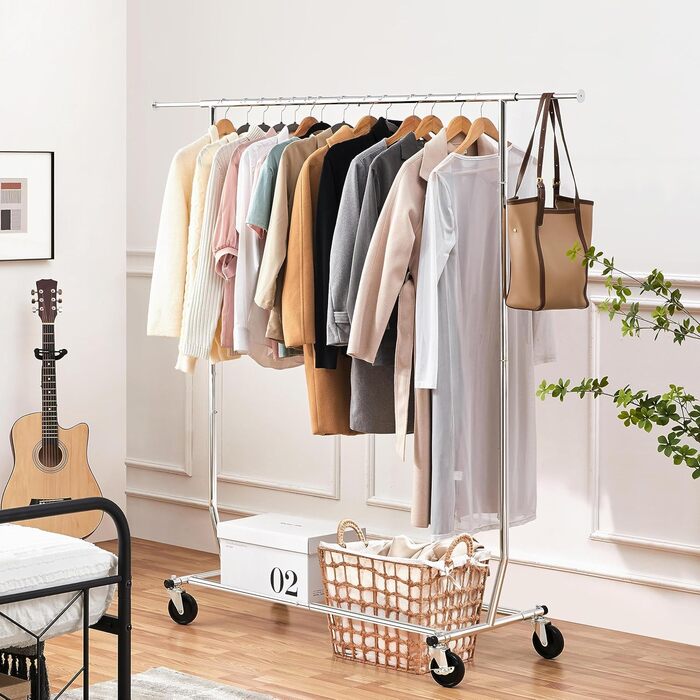 Yaheetech Clothes Rack Rolling Garment Rack Extendable Clothes Rail Height-Adjustable Clothes Hanger with Foldable Base, Load Capacity up to 90 KG