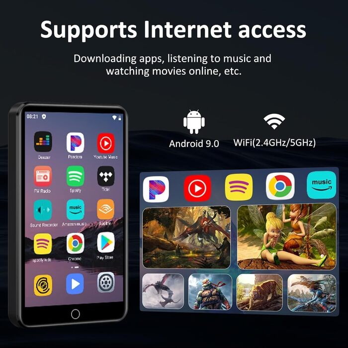 MP3 плеєр 96GB з Bluetooth, Wi-Fi, Android 13.0, Spotify, FM-радіо (чорний)