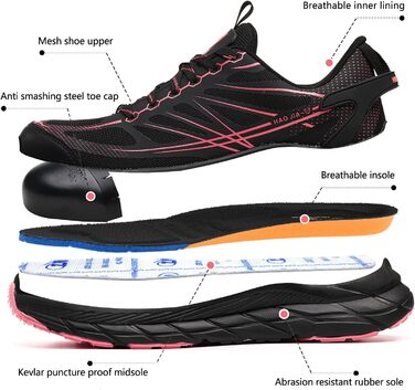 Черевики робочі чоловічі/жіночі, захисні черевики зі сталевим підноском, легкі, дихаючі, EU 37-46 (Рожевий, 39 EU)
