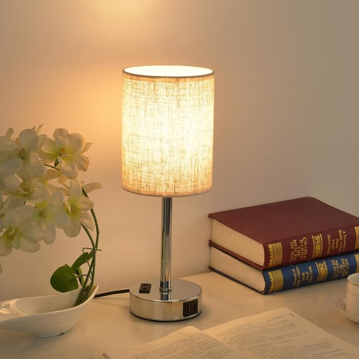 LED-лампа на тумбочку з торшером, сенсорне керування, USB-порт A+C, тканинний абажур, металева основа, для спальні, офісу, вітальні (з лампочкою) (Бежевий, 2 шт.)