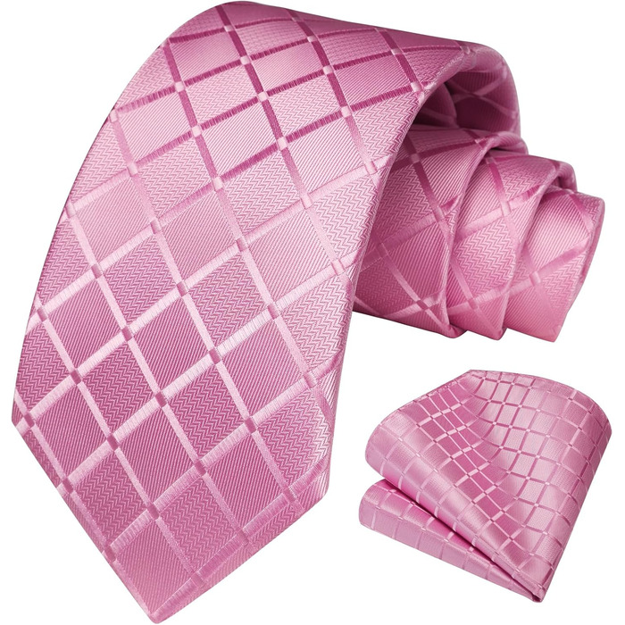 HISDERN Комплект краватки та нагрудного хустинки в клітинку для чоловіків (K Рожевий)