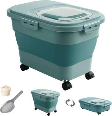 Контейнер для зберігання рису, складний, на колесах, з герметичним кришкою, мірний стакан та лопатка, для продуктів, рису, кормів для тварин, борошна, темно-зелений, 9-13,6 кг