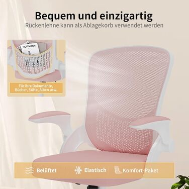 Офісний стіл Naspiro Ergonomischer Bürostuhl з регульованими підлокітниками 90°, підтримкою попереку, дихаючою сіткою та рожевим кольором (без підголівника)