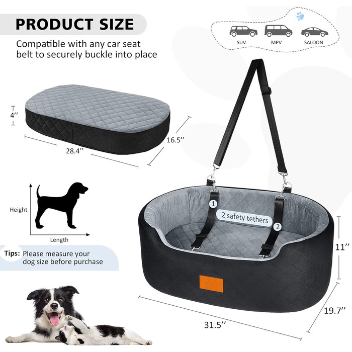 Автокрісло для собак великих/середніх порід (до 25 кг) або 2 маленьких, з кріпленнями та знімним чохлом – чорний/сірий