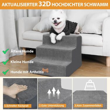 Non-slip Dog Stairs for Small Dogs 3-Step, Dog Stairs Dog Ramp for Bed and Sofa made of High-Density Sponge, Pet Stairs with Removable, Washable Cover and Non-Slip Bottom, 45x40x34cm
