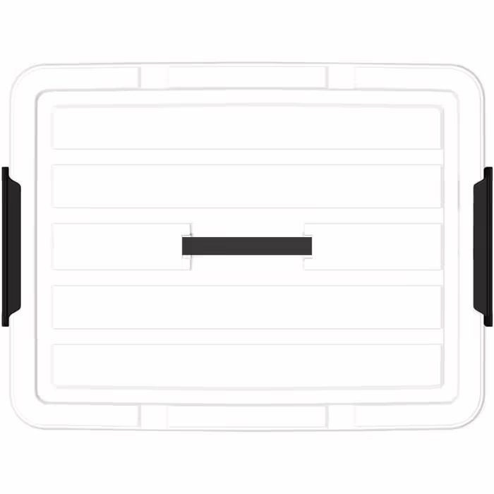 Plastic Storage Box, Tote Box, Organizing Container with Durable Lid and Secure Latching Buckles, Stackable and Nestable, 4-Pack, Transparent Black with Black Buckle (45L x 6)