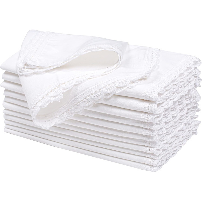 Household Linen Napkins, 20 x 20 inches, Linen, Cotton, Washable and Reusable, Lace Table Napkins for Hotel, Spring, Easter, Weddings and Parties, Very Absorbent, White, 12