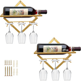 2pcs Metal Wall Mounted Wine Rack Stemware Glass Rack, Folding Wall Hanging Red Wine Shelf Organizer with 3 Stem Glass Holders, Black Wine Bottle Hanger for Home Kitchen Bar Wall Decor (Gold Bb)
