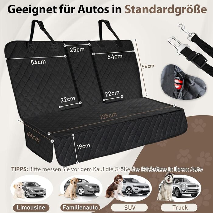Захист для заднього сидіння автомобіля Angooni для собак - водовідштовхувальний, антиковзний, стійкий до подряпин (135x120 см), сумісний з автокріслом Isofix
