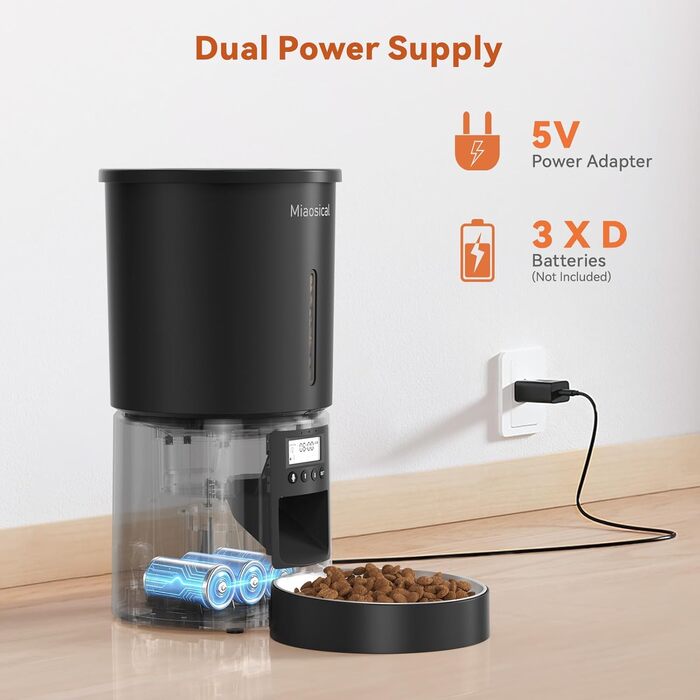 Автомат годівлі для котів 4.2L з окремою мискою, програмоване годування, подвійне живлення, 6 прийомів їжі на день (Чорний), миска з нержавіючої сталі