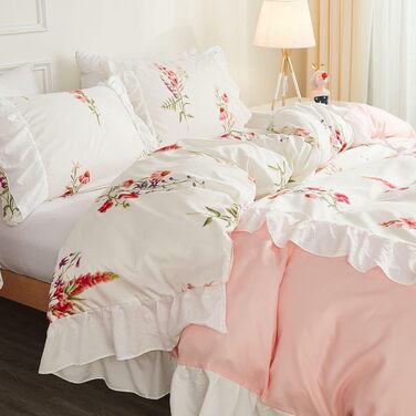 Бежева постільна ковдра 220x240 см з ручною вишивкою, комплект. Вінтажний стиль, бохо, туфтований дизайн, shabby chic, мікрофібра. 1 ковдра з блискавкою, 2 наволочки 80x80 см (квіти, волани, білий, рожевий)