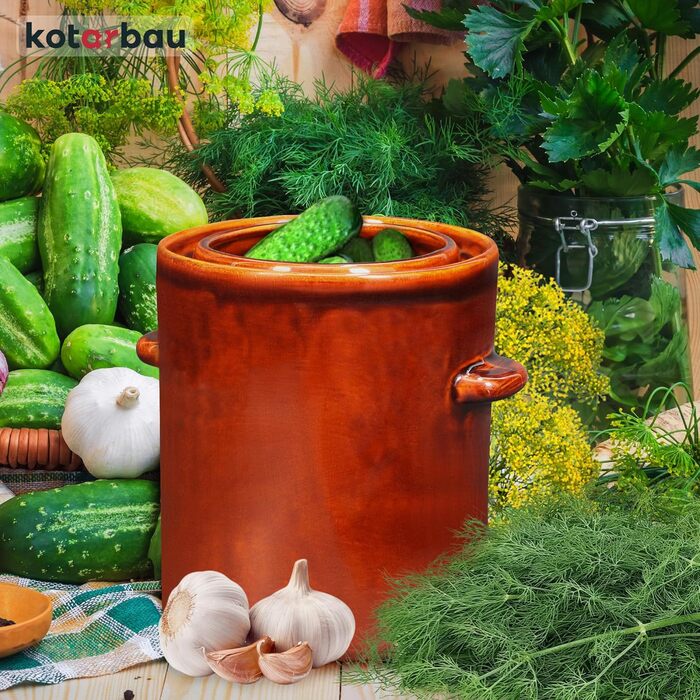 KOTARBAU® Garden Pot 5 L Brown Stoneware Pot with Airtight Lid Gherkin Pot Sauerkraut Pot Preserving Pot Ceramic Cask with Water Groove Stoneware Vessel