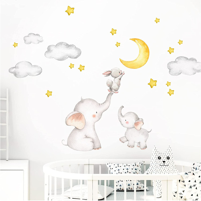 Little Deco Wall Sticker Baby Room Elephant and Rabbit with Moon and Stars I 163 x 95 cm (W x H) I Kids Pictures Decoration Children's Room Sticker Girl Sticker Boy Sticker DL463