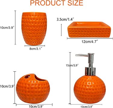 Набір аксесуарів для ванної кімнати, кераміка, оранжевий, 4 шт. (дозатор мила, тримач зубних щіток, чашка, мильниця)