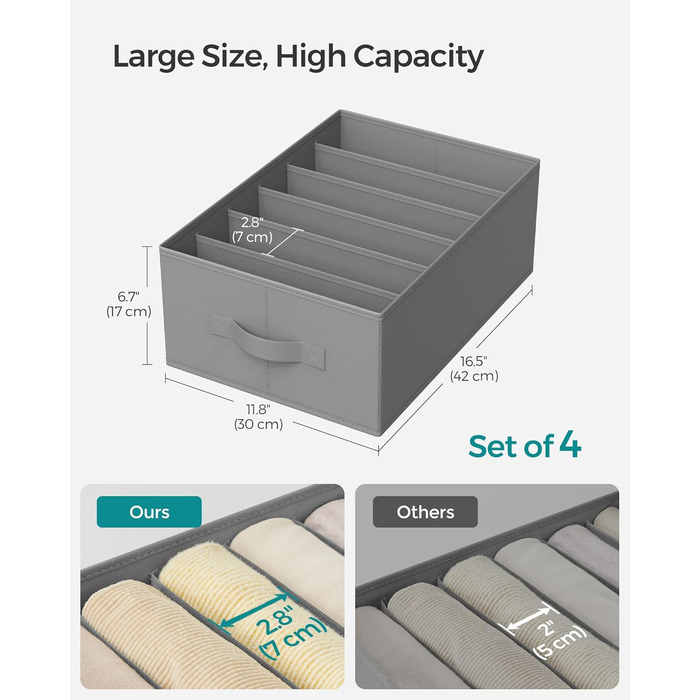 SONGMICS Set of 4 Drawer Organizers, 6 Compartments, Closet Organizer, Foldable, Clothes Organizer, 16.3 x 12.1 x 7 inches, for Pants, Clothing, Dove Gray, URUS009G04