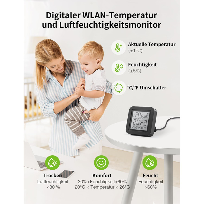 GHome Smart WLAN Thermometer Hygrometer, Smart Infrared Remote Control, Digital Temperature and Humidity Meter with App Notification Alarm, Compatible with Alexa and Google Assistant (1 Pack)