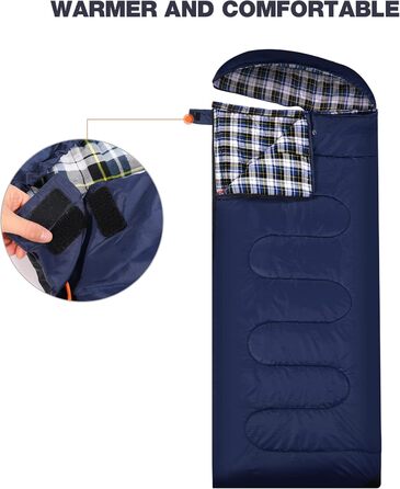 REDCAMP XL Cotton Sleeping Bag - Warm, Removable Hood, Flannel Comfort - 3-4 Season Sleeping Bag for Adults & Kids - Camping, Outdoor, Fishing - Blue (2lbs/3lbs Fill)