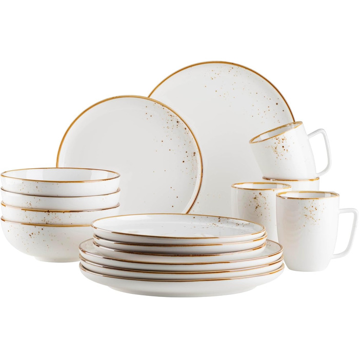 MÄSER Pintar Series, high-quality dining tableware set for 4 people, 16-piece combination service with light glaze, visual brown speckles, and a fine edge in a vintage handmade look, porcelain tableware set brown