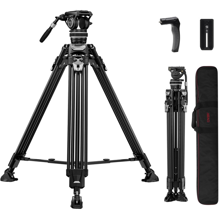 Штатив відео Cayer FA310H з моноподом K10 та рідкосильним кріпленням - швидкозатискачі ніг, швидке регулювання, вантажопідйомність 10 кг, алюміній, 2 швидкознімні пластини, ручка для переноски - для DSLR, бездзеркальних камер, відеокамер
