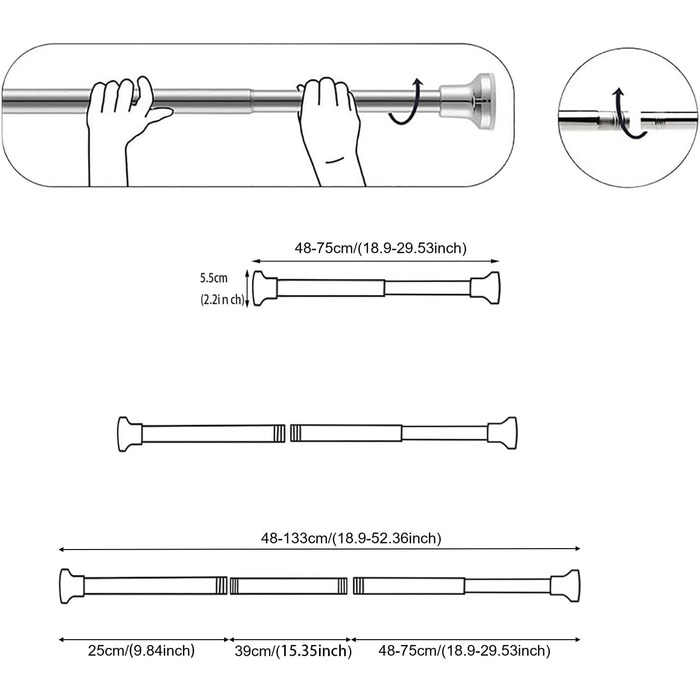 Телескопічна штанга для карнизів 60-130 см, не потребує свердління, нержавіюча сталь, для штор, душової завіси, шафи, вікна, дверей (48-133 см, чорний)