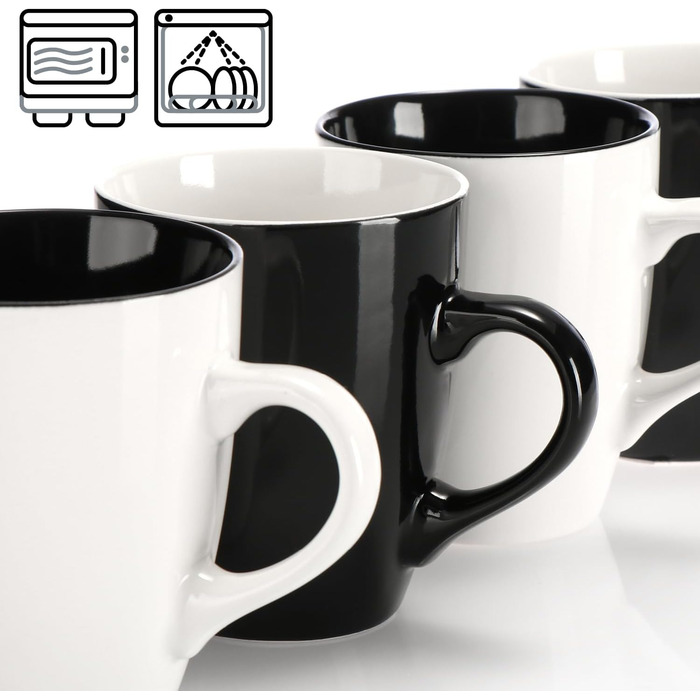 Набір керамічних чашок Com-Four® 6 шт. - 350 мл, для кави та гарячих/холодних напоїв, сучасний дизайн, блакитно-зелено-сірий колір, 6 шт. (чорний/білий)