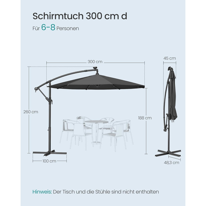 SONGMICS Patio Umbrella with LED Solar Lighting, Market Umbrella 300 cm Diameter, 32 LED Lights, with Stand, Sun Protection Balcony, Balcony Umbrella, UPF 50+, with Crank, for Terrace, Garden, Grey GPU118G01