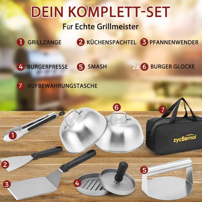 Набір для приготування Smash Burger: прес, дзвоники, лопатка, щипці та сумка для зберігання (8 предметів)