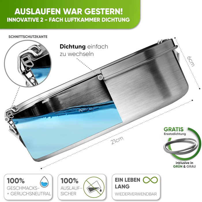 Premium Stainless Steel Lunch Box I 1400ml I Includes Replacement Seal and 2 Dividers I The improved lunch box is leak-proof and very easy to clean I For children and adults