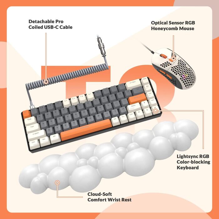 Ігровий комплект YINDIAO T8: механічна клавіатура 68 клавіш TKL + миша з RGB підсвічуванням, USB-C, 6400 DPI, для PC/PS5, сірий