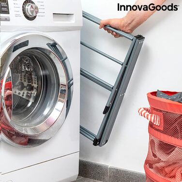 InnovaGoods - Folding and Extendable Metal Clothes Rack, 3 Height Levels, 11 Rods, Waterproof, Lightweight, Tool-Free Assembly, Iron, Silver, Size A