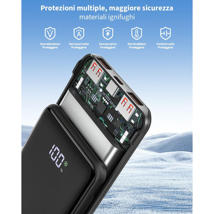 Портативний зарядний акумулятор Power Bank 20000mAh з швидкою зарядкою 22.5W, LCD дисплеєм, 1 USB-C, 2 USB-A, для iPhone 17/16/15/14/13 та смартфонів, чорний