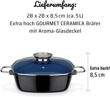 Квадратна каструля для індукції GSW Ceramica, 5 л, алюмінієва, з ароматизованою скляною кришкою, кобальтово-синя, 28×28×8,5 см, 2 шт.