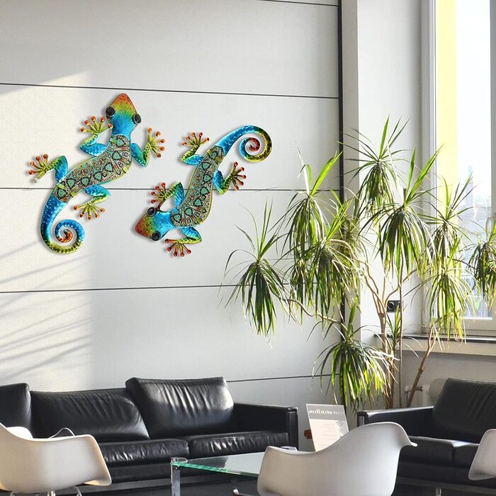 HONGLAND Metal Gecko Wall Decoration, Lizard, Garden Art, Colorful Glass Sculpture for Hanging, for Indoor and Outdoor Use, Patio, Fence (Symphony), 2 Pieces