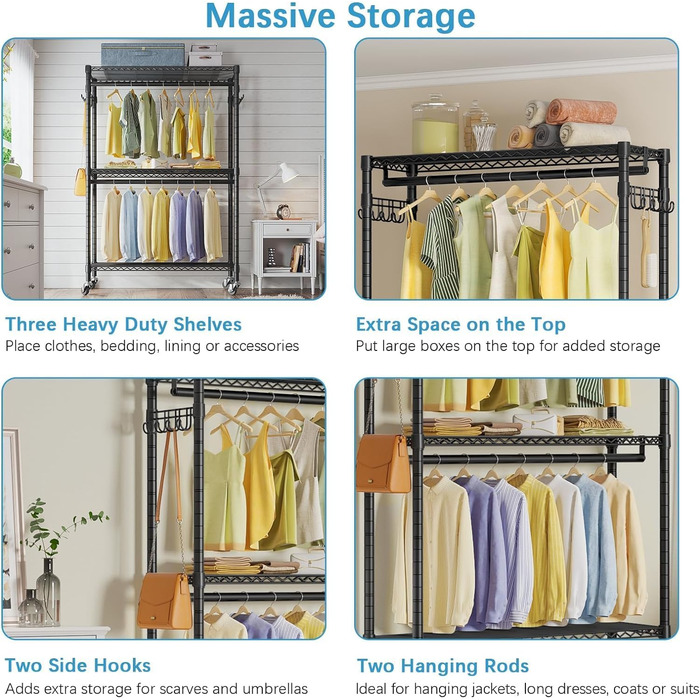 ALKNOT Clothes Rack, Garment Rod, Rolling Clothes Rack, Rolling Garment Rod, Stable Clothes Rack, Clothes Rack with Wheels 90x43.5x180cm, Load Capacity 100kg