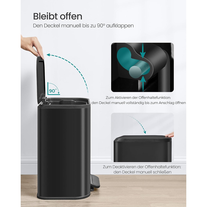Відро для сміття SONGMICS 20 л з кришкою, з педаллю, нержавіюча сталь, Soft-Close, з внутрішнім відром, антиковзне педаль, хмарно-білий LTB542W02 (Чорний)