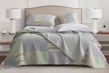 Комплект ковдр Chezmoi Collection Quinn: 3 шт. з квітковим візерунком гібіскуса, смугастий, з бавовни, легко переться – легка двостороння ковдра, розмір Queen (Плед Candy Patchwork Зелений Сірий)